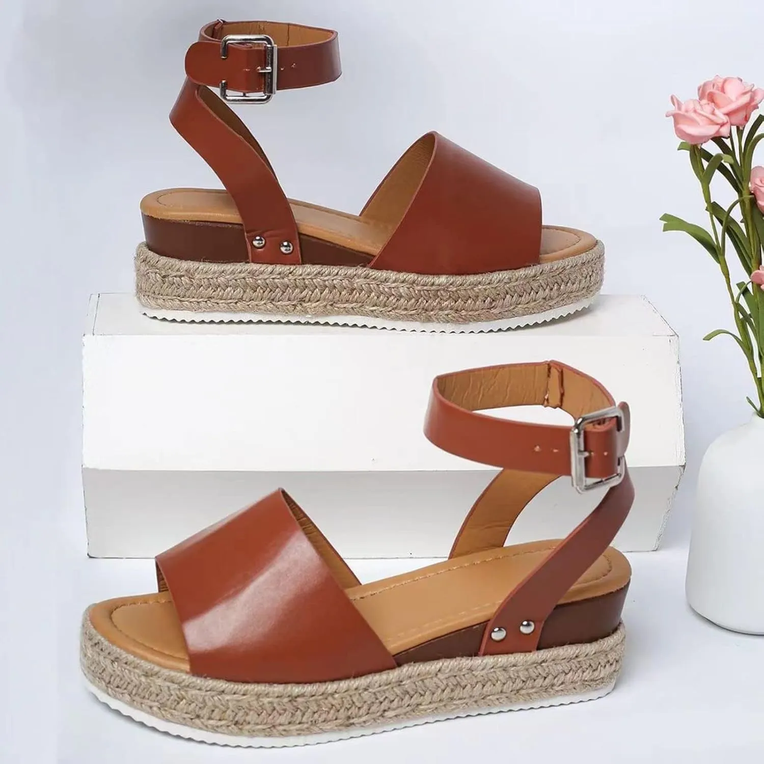 Women's Open Toe Buckle Ankle Strap Platform Wedge Sandals Casual Comfortable Dressy Summer Shoes Slip On Beach Walking Shoes for Summer Outdoor Casual
