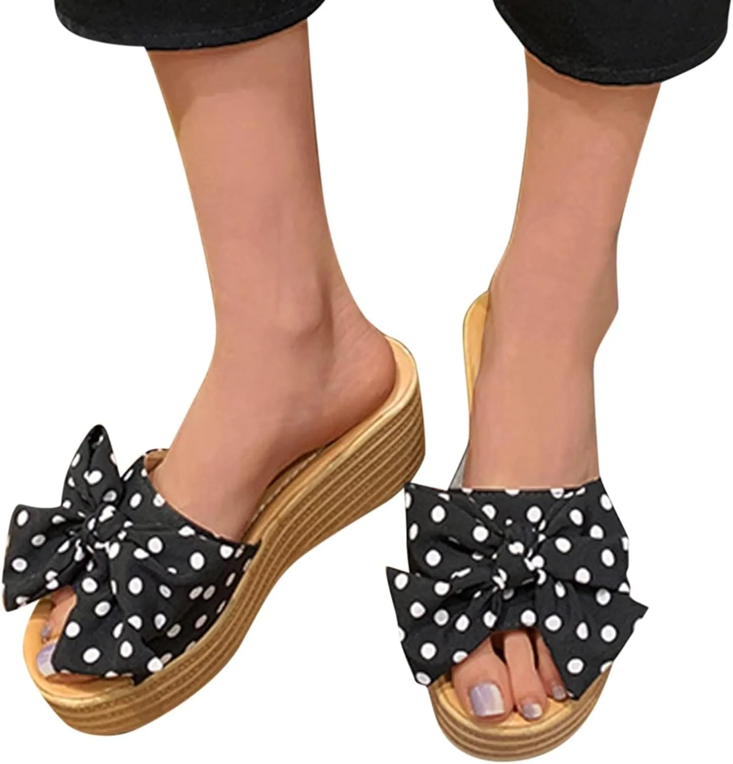 Women's Wedge Platform Sandals Fashion Polka Dot Bow Slippers Summer Slides Beach Vacation Walking Shoes Flat Sandals for Women Casual & Dressy Summer Shoes